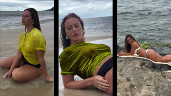 Paolla Oliveira na praia com roupa transparente